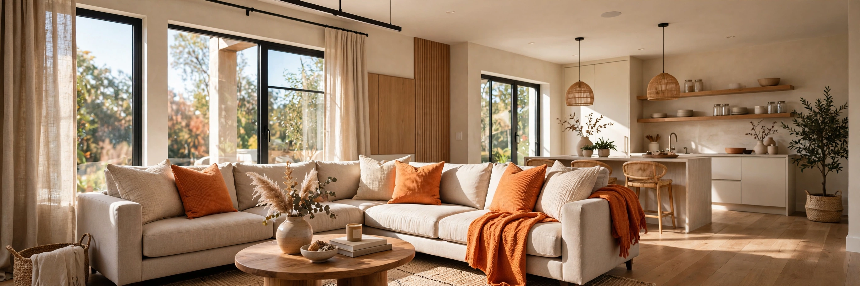 Renovated living room with fresh paint, new flooring, and modern lighting